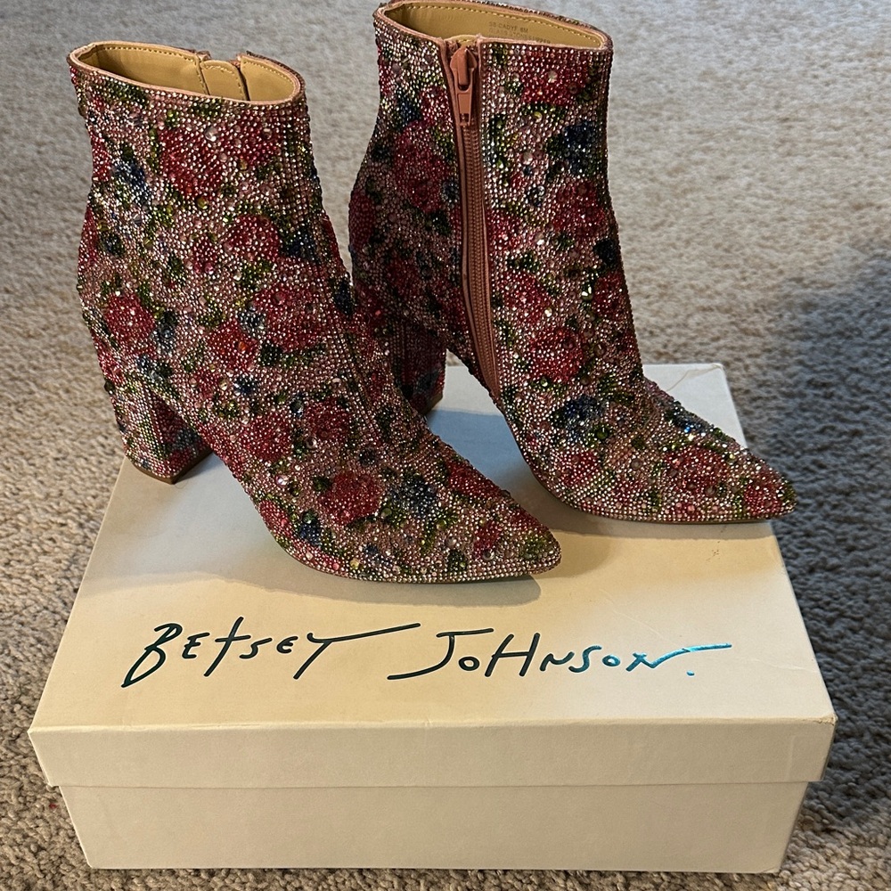 Betsey Johnson Sparkling Floral Heeled Boots - rhinestoned